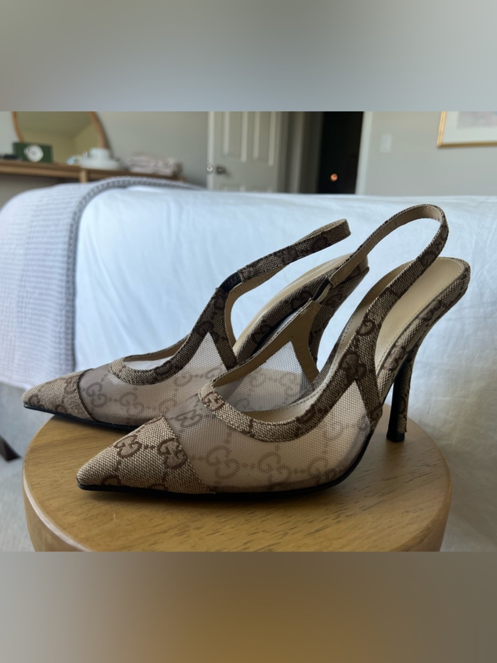 Gucci Brown & Beige GG Mesh Slingback Pumps